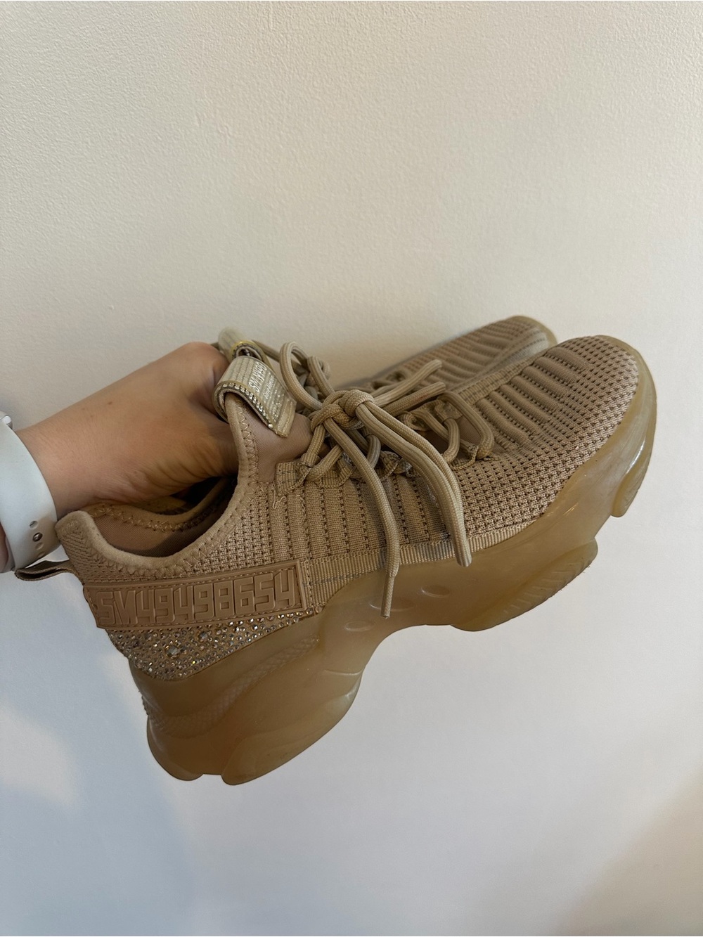 Steve Madden Tan Knit Platform Sneakers with Rhinestone Heel